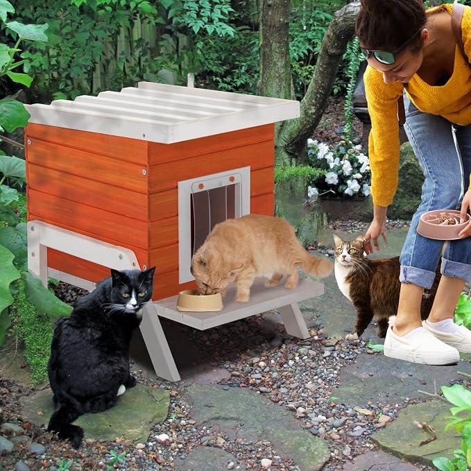 PETSFIT Outdoor Cat House Insulated - Thicken High Feet, Expanded Feeding Station, Weatherproof Durable Roof, Outside Cat House, Bunny Rabbit Hutch, Orange