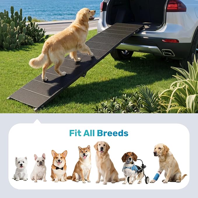 91" Extra Long Dog Ramp for Large Dogs, Heavy Duty Metal Frame Pet Ramp for High SUVs, Trucks and Cars, Portable Folding Travel Dog Ramps with Safety Latch, Supports up to 350lbs