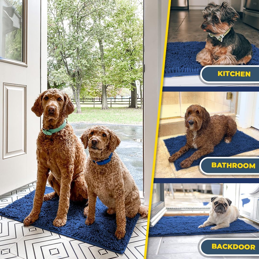 Muddy Mat® AS-SEEN-ON-TV Highly Absorbent Microfiber Dog Door Mat and Pet Rug, Non Slip Thick Washable Area and Bath Mat Soft Chenille for Kitchen Bathroom Bedroom and Indoor - Navy Blue XL 59"X35"