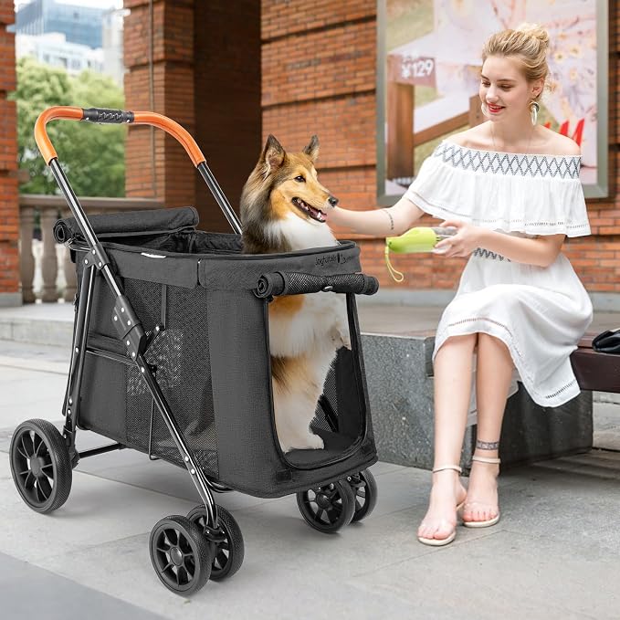 Pet Stroller for Large & Medium Dogs up to 70 lbs, 4-Wheel Extra Large Dog Stroller with 3-Way Entry & Sunshade, Heavy Duty Puppy Wagon with One-Click Folding, All-Terrain & Ventilated, Black