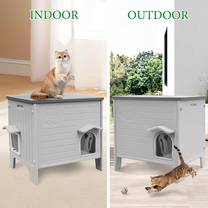 Outdoor Cat House Weatherpoof Large Plastic Cat Shelter Outside | with Escape Door Indoor Waterproof Feral/Pet Cat Houses for Multiple Cats (Grey)