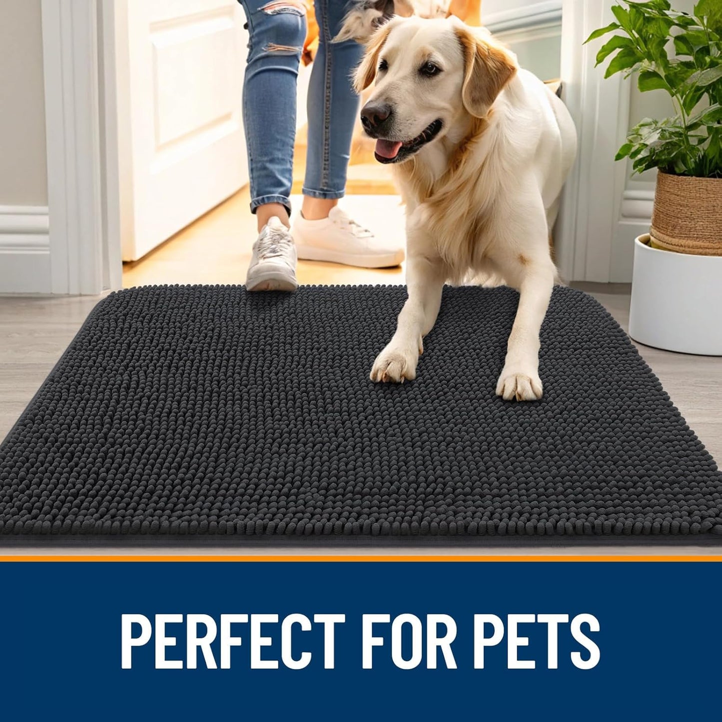 OLANLY Dog Door Mat for Muddy Paws 59x35, Absorbs Moisture and Dirt, Absorbent Non-Slip Washable Doormat, Quick Dry Chenille Mud Mat for Dogs, Entry Indoor Entryway Carpet for Inside Floor, Dark Grey