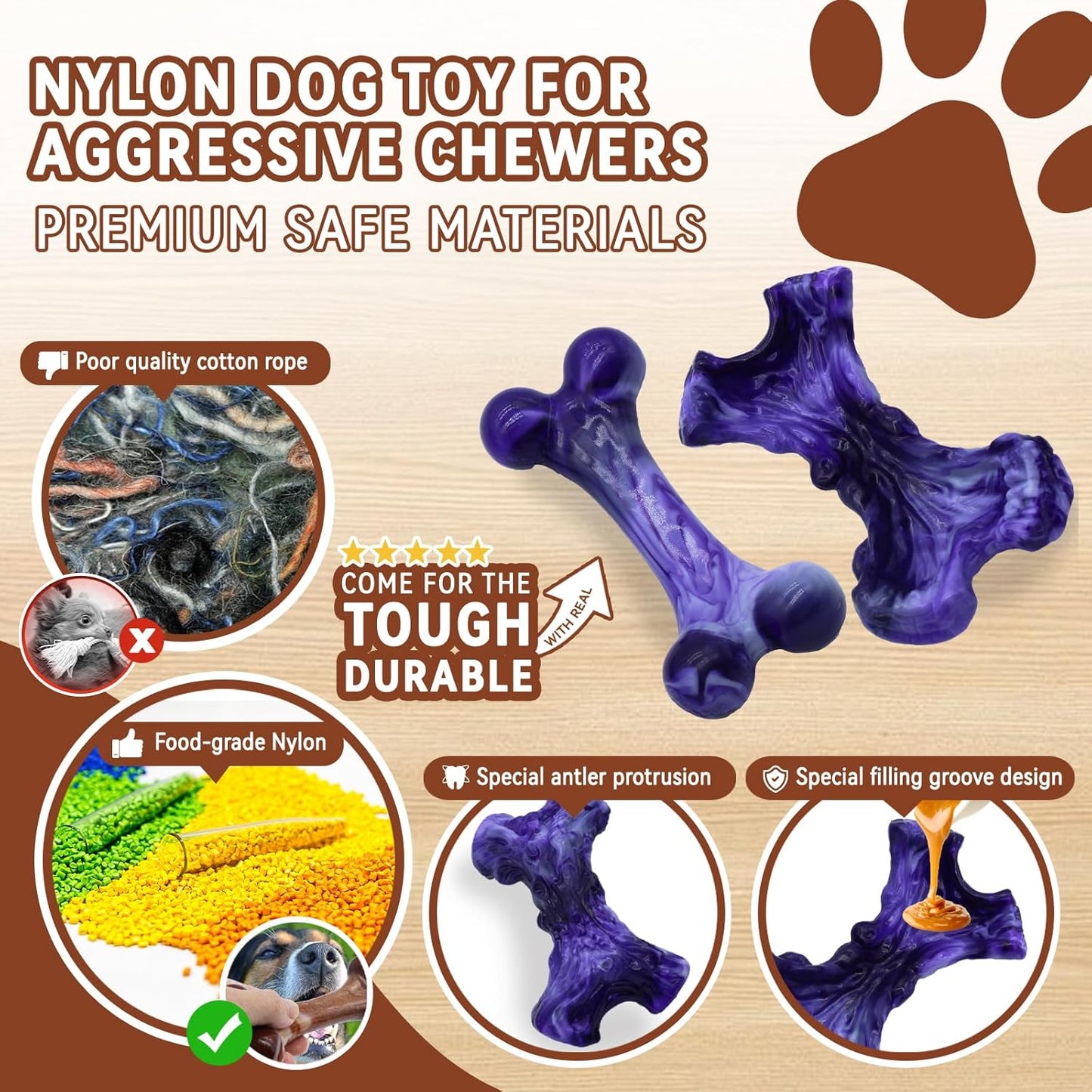 Magicorange Tough Dog Toys, Chew Toys for Aggressive Chewers, Dog Bone Toy Nylon Almost Indestructible Dogs Toy for Teeth Cleaning and Training (Purple)