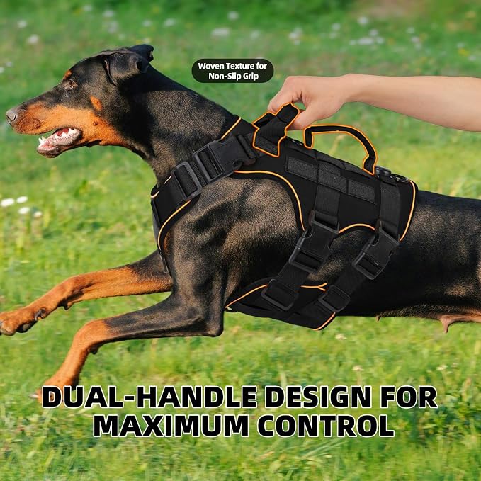 Reflective Tactical Dog Harness with AirTag Holder&3 Pet Patches, Black L | Heavy Duty No Pull Dog Harness, Adjustable Dog Harness, Two Handles, Breathable Mesh Padding, Resists Dirt and Stay Clean