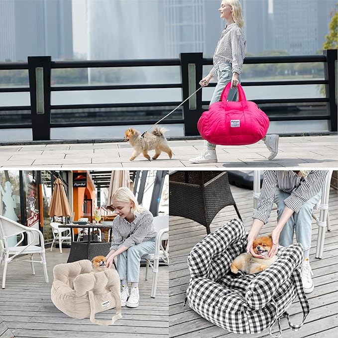 Dog Car Seat for Small Dogs, Portable Puppy Car Seat of Easy Installation, Fashionable Pet Carrier Bag with Large Pockets, Machine Washable Dog Booster Seat (Striped Khaki)