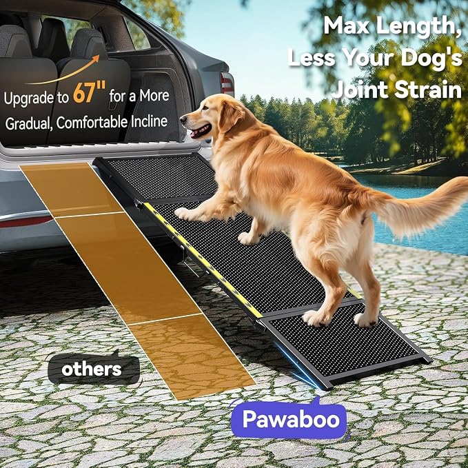 Pawaboo 67" L & 20" W Longest Dog Ramp for Car Foldable, Up to 200 LBS | Extra Wide Portable Pet Dog Ramps for Large Dogs, Dog Car Ramp for SUV/Truck/RV/Bed, Lightweight Ramps with Non-Slip Mesh, Bl