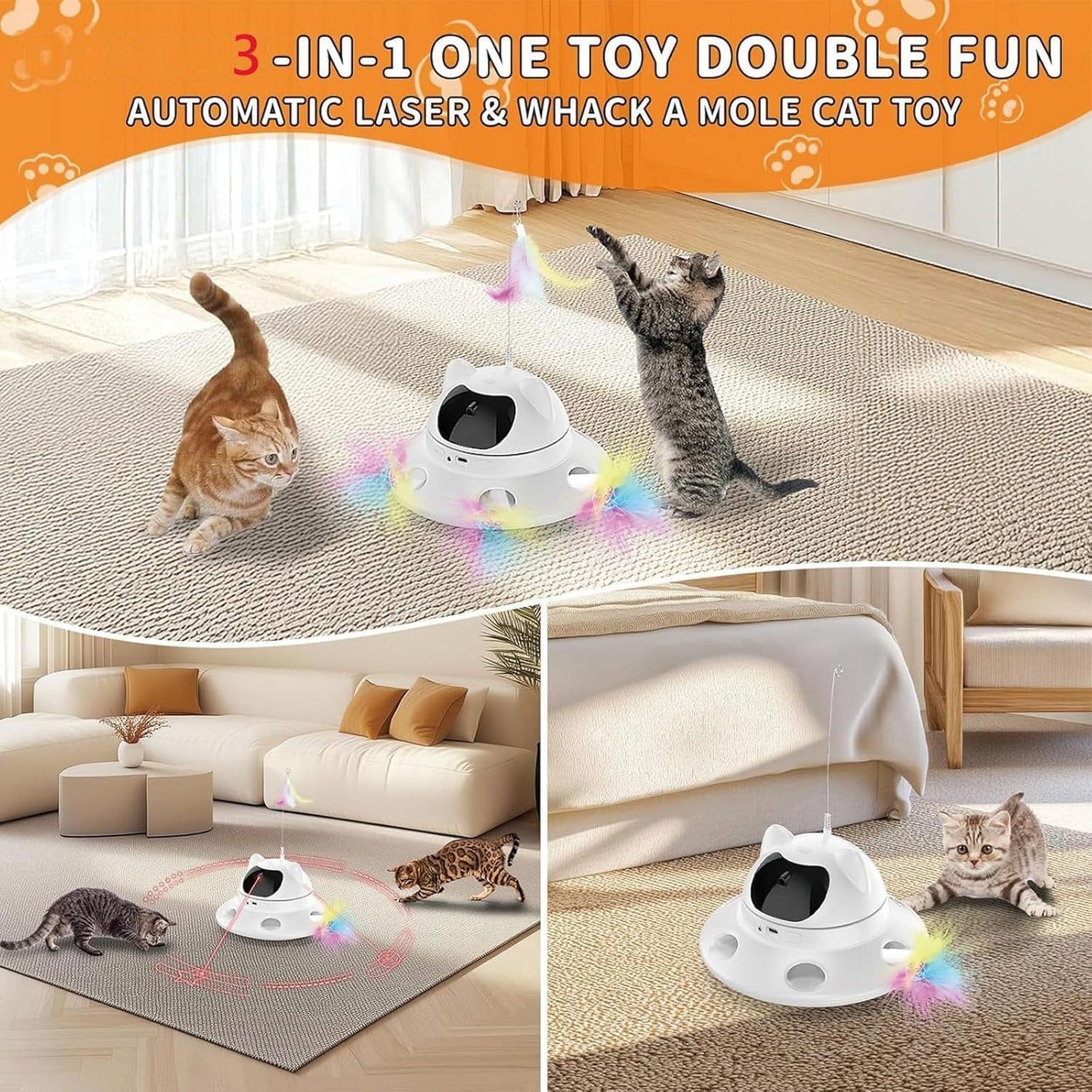 3-in-1 Cat Laser Toy & Interactive Automatic Motion-Activated Kitten Toy β 6 Holes Whack-A-Mole Feather & Moving Ambush Fun β USB Rechargeable, Apply to β Indoor Exercise for Cats of All Breeds