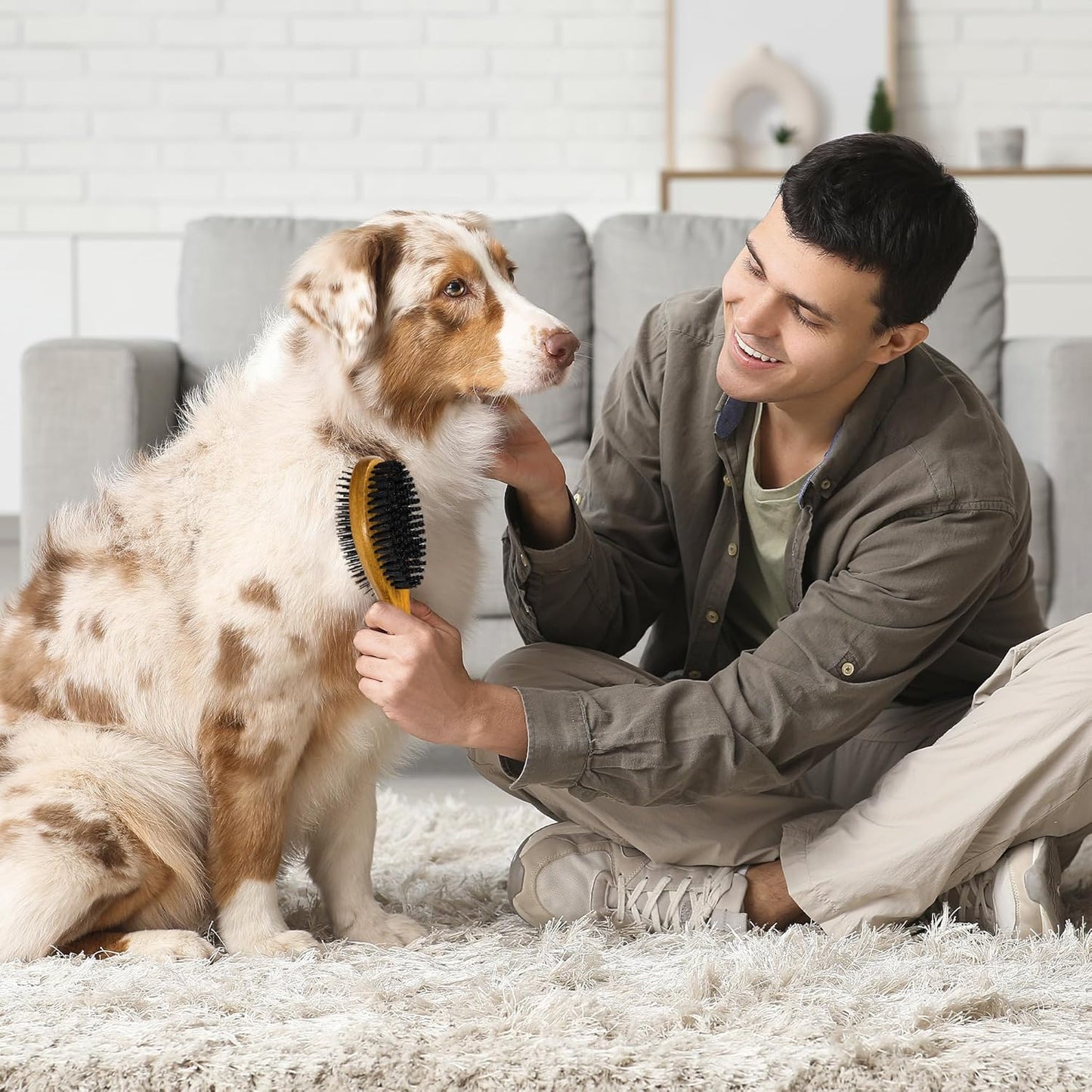 TAKAVU Pin & Bristle Pet Brush for Dogs & Cats - Double Sided Grooming Tool Detangles, Removes Loose Hair & Conditions Coat - Wood Handle