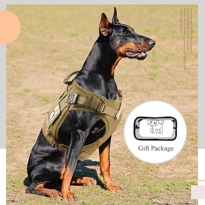 Tactical Service Dog Vest Harness K9 Military Molle Dog Vest for Outdoor Training Pet Harness with Rubber Handle & Metal Buckle (XL=(Neck 21.5"-24.5")(Chest 28.4"-30"), Khaki)