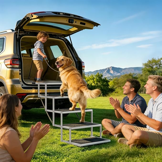 Dog Steps for Car & SUV – 5-Step Foldable Pet Stairs for Large Dogs, Non-Slip Heavy-Duty Plastic Dog Stairs, Lightweight & Portable Vehicle Access, Great Alternative to Dog Ramp for Truck