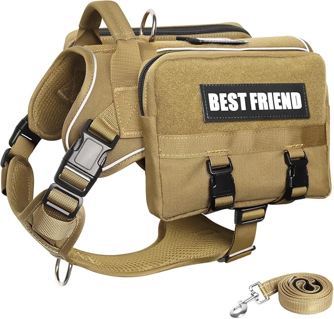 Dog Backpack Harness and Leash Set for Large Dogs Brown L | Removable Side Pockets Dog Vest with Padded Handle&MOLLE,No Pull Front&Back Metal Clips for Hiking Training Walking Hunting
