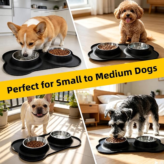 Double Stainless Steel Dog Bowls with Non-Slip Silicone Mat, Extra Small Puppy Food and Water Bowl Set, Spill Proof & Dishwasher Safe Pet Feeding Bowls for Small Dogs and Cats Under 8 lbs,BL (Black)