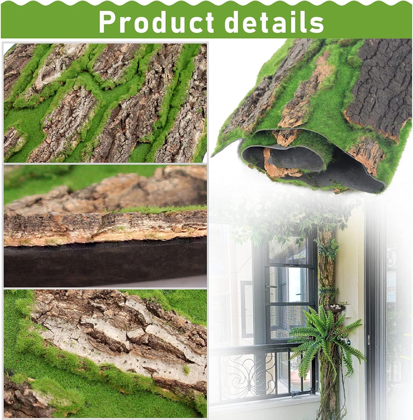 PINVNBY Reptile Cork Terrarium Background,Bearded Dragon Tank Natural Bark Backdrop Wall Habitat Decor with Artificial Moss,15.75"×11.8" Reptile Carpet for Gecko Lizard Tortoise Frog Chameleon(1 Pack)