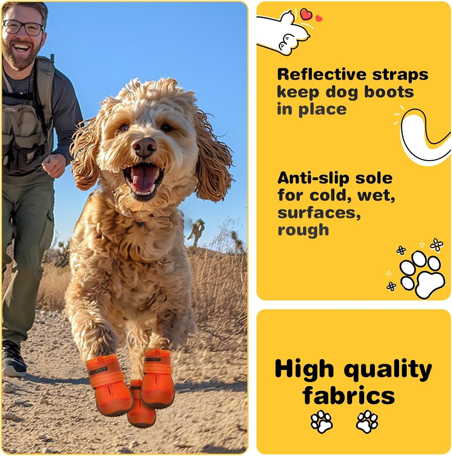 Hcpet Dog Shoes for Large Dogs, Breathable Dog Booties for Small Medium Dogs, Anti-Slip Dog Boots & Paw Protectors for Hot Pavement Winter Snow Hiking with Reflective Straps Orange Size 1