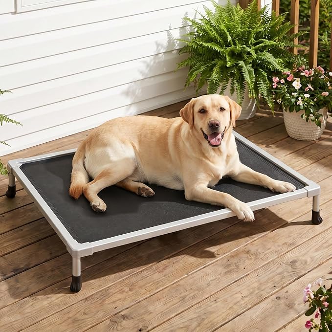 Veehoo Chew Proof Elevated Dog Bed, Silver Aluminum Dog Cot, Pre-Assembled | Cooling Raised Dog Bed for Large Dogs, Indestructible Dog Bed for Crate, Breathbale, Non-Slip Feet, Indoor Outdoor