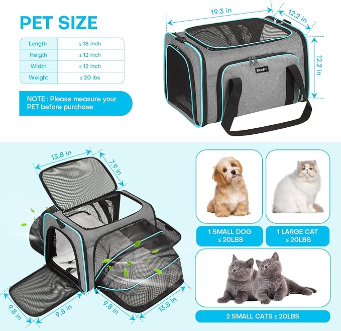 Pet Carrier, Large Soft Sided Expandable Travel Carrier with Steel Frame, Anti-Scratch Mesh, Removable Fleece Pad and Pockets for Cats, Dogs and Small Animals up to 15 lbs (Gray, 5 Sides Expandable)