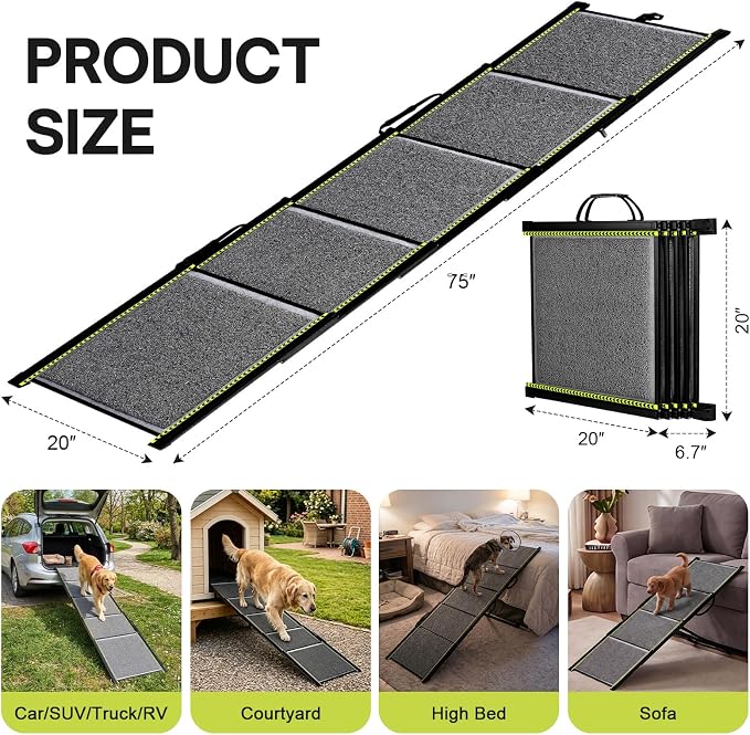 75'' Extra Long Telescoping Dog Ramp, 20" Wide Dog Car Ramp for Large Dogs | Telescoping Dog Car Ramp, Up to 250 LBS, Non-Slip Loofah Surface, Portable Outdoor Pet Ramps for Dogs to Get in SUV/Truck/Rv