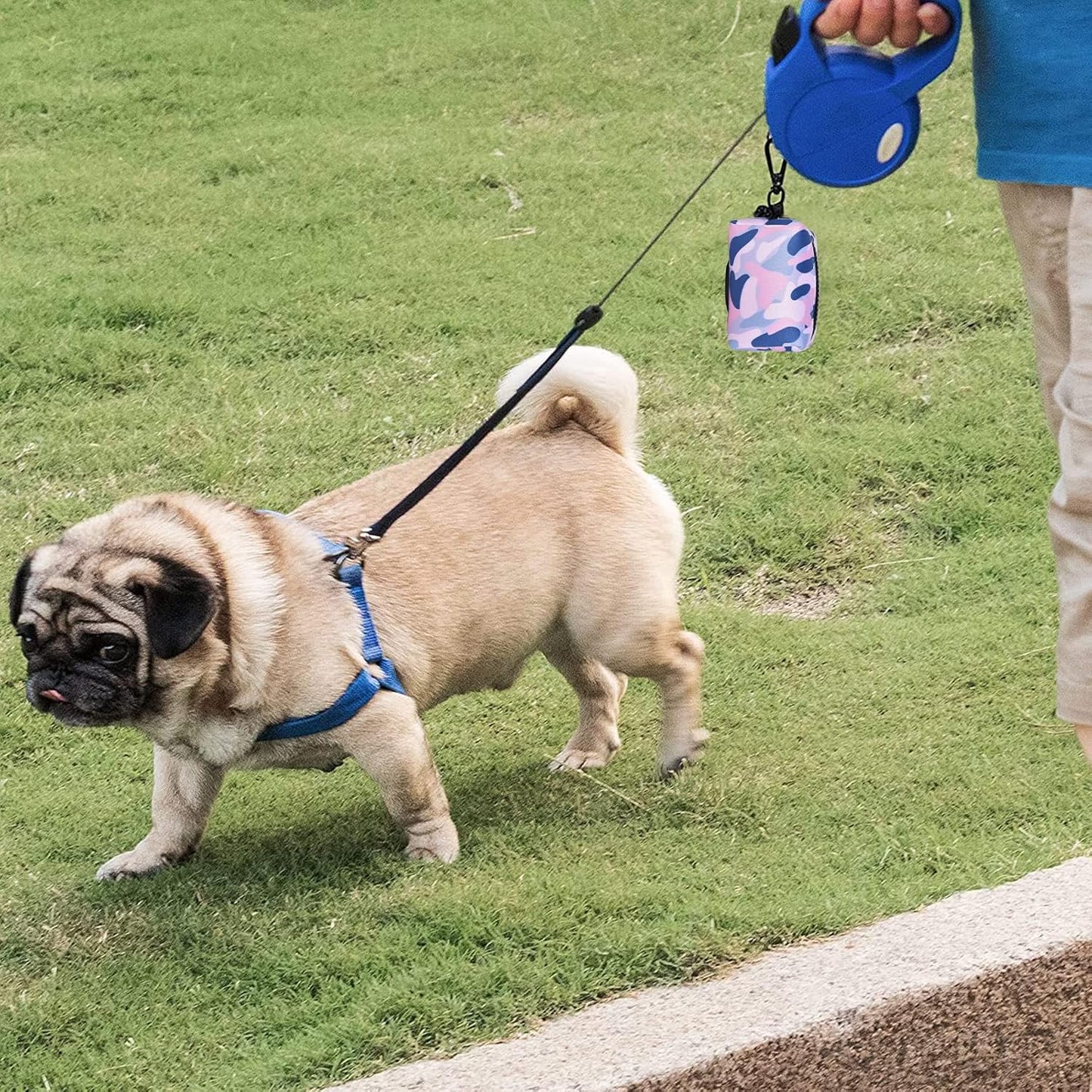 Petmolico Dog Poop Bag Holder Leash Attachment, Waste Bag Dispenser Zippered Pouch, Fits Any Leash, Includes Free Roll of Bags, 2 Pack - Blue Pink Camouflage
