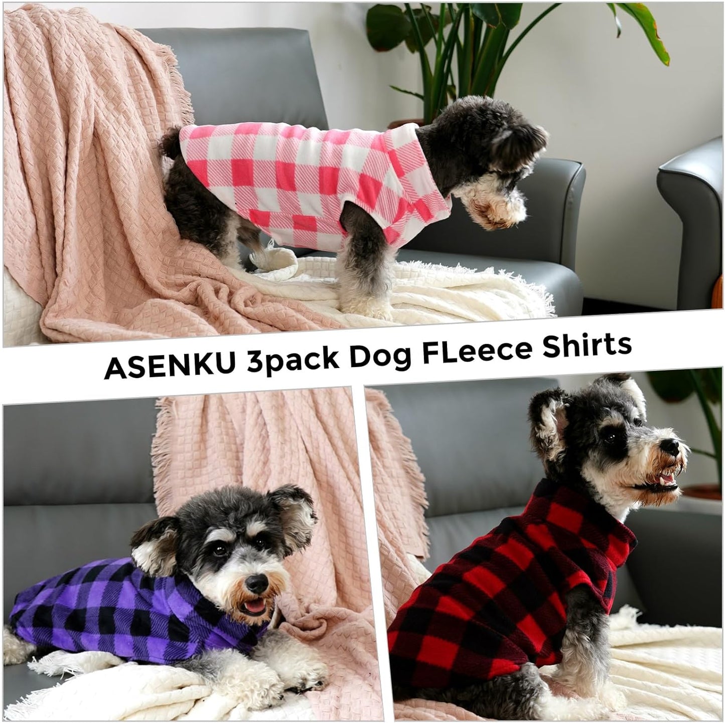ASENKU Dog Sweater 3 Pack - Plaid Fleece Vest, Soft Comfortable Pet Pajamas, Warm Winter Shirt, Cold Weather Coat Jacket for Small & Medium Breeds