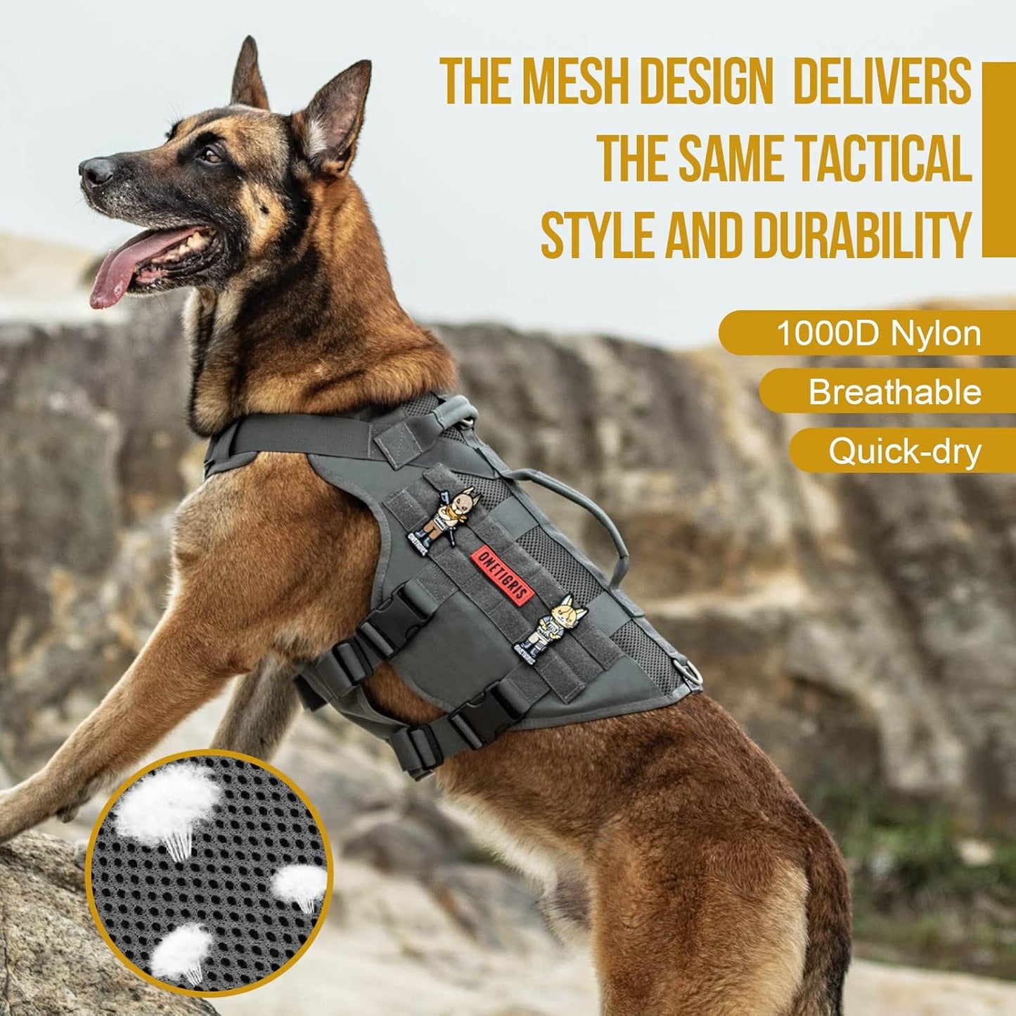 OneTigris No Pull Tactical Dog Harness for Large Dogs, Mesh Design Dog Vest Harness Breathable Military Dog Molle Vests with Handles, Service Dogs Vest Harness for Walking Hiking Training