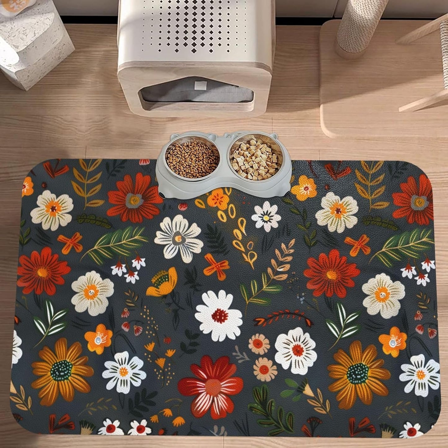 Flower Berries Dog Food Mat Absorbent Bowl Mats No Stains Quick Dry Waterproof Pet Cat Placemats for Food and Water, 30x45cm