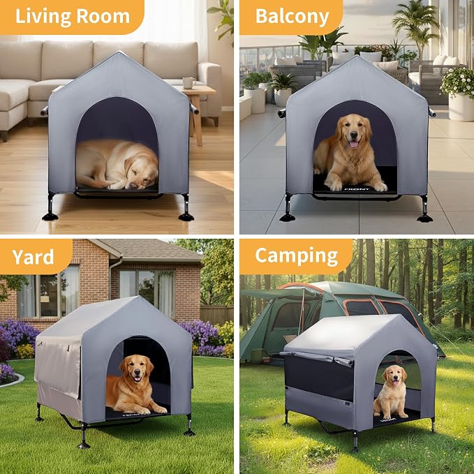 Dog House, 42” Large Dog House Outdoor Indoor Elevated Dog Cot Bed | 2-in-1 Outside Dog Tent Shade, Three-Sided Breathable Mesh Windows, Easy to Install, Waterproof Canopy, Non-Slip Feet