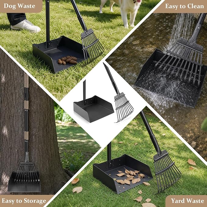 Pooper Scooper for Large Dogs, Metal Poop Scooper with Rake,Tray for Yard | Extra Large Pan, Long Handle, No Bending, Heavy Duty Stainless Steel, Rust Proof, Perfect for Seniors Pet Owner Multiple Dog