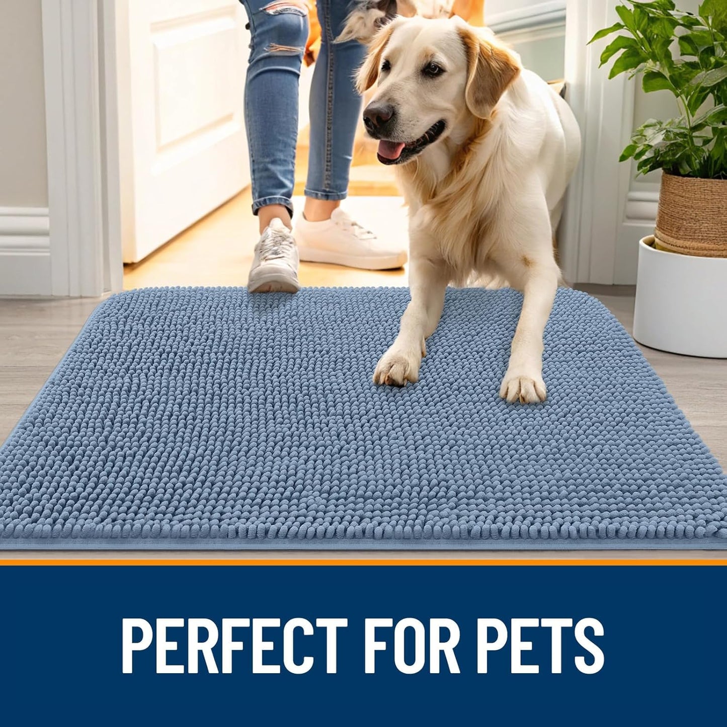 OLANLY Dog Door Mat for Muddy Paws 24x16, Absorbs Moisture and Dirt, Absorbent Non-Slip Washable Doormat, Quick Dry Chenille Mud Mat for Dogs, Entry Indoor Entryway Carpet for Inside Floor, Airy Blue