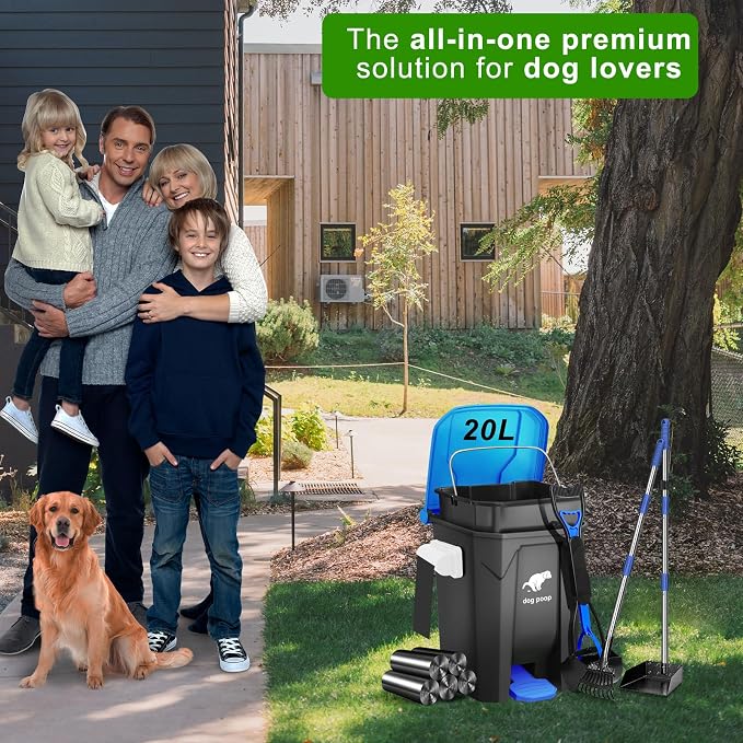 Dog Poop Trash Can Outside - 20L/5Gal Dog Poop Scooper Set, Blue | Outdoor Trash Can with Lid and Removable Inner Bin,Dog Waste Trash Can with 100 Bags & Storage Box and Metal Rake & Tray