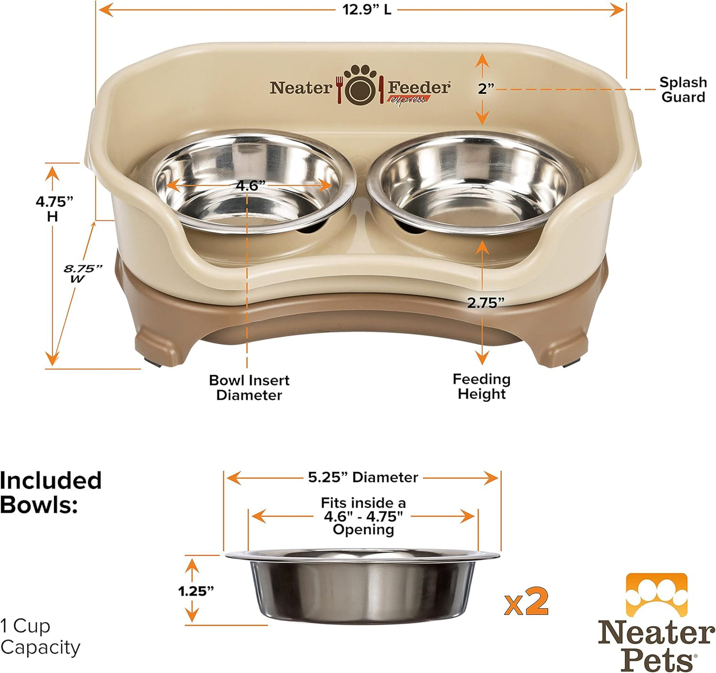Neater Feeder Express Mess Proof Cat Bowls Elevated, No Spill Feeding Station, Stainless Steel Dishes for Food and Water, Raised Bowls for Indoor Cats, No Fatigue Whisker Friendly Dish, Cappuccino