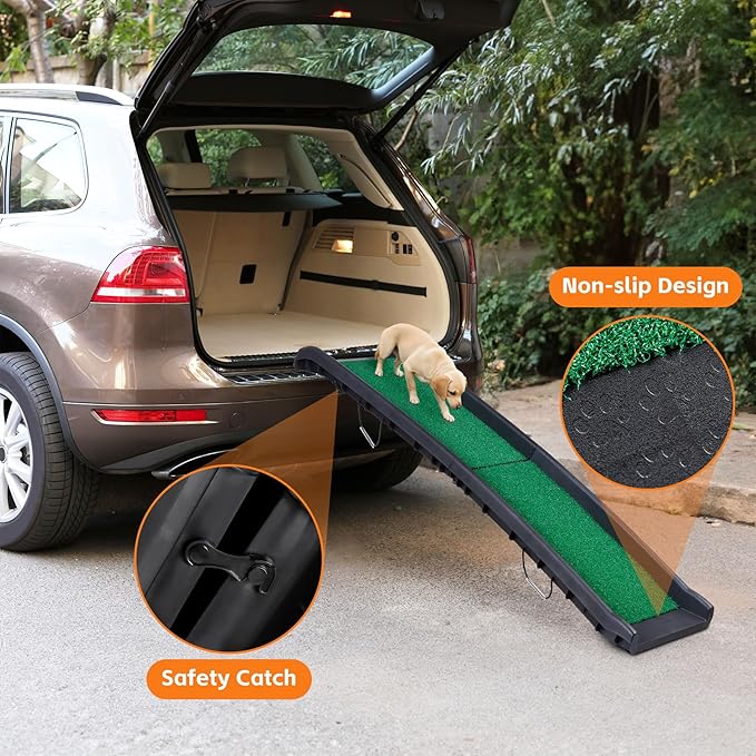 Folding Dog Ramp for Car Truck SUV 61 Inches Portable Pet Ramp with Grass Padded for Large Dogs Non Slip with Raised Siderails (Grass Surface)