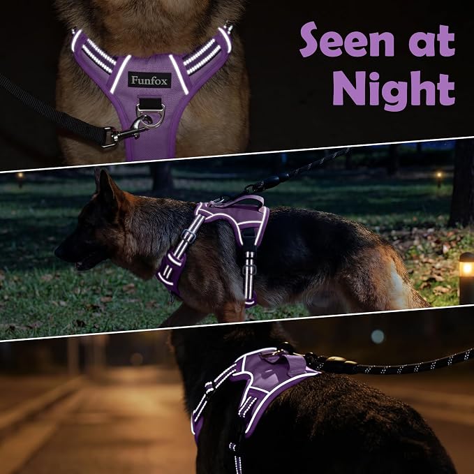 Dog Harness No Pull, Adjustable Pet Vest Harness, Super Soft Material with Vertical Handle Easy Control, Reflective Night Walking, 2 Leash Clips for Medium Sized Dogs, Purple, M