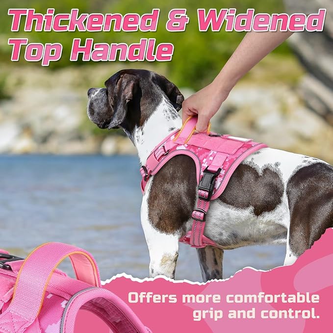 rabbitgoo Tactical Dog Harness for X-Large, No Pull Military Service Vest | Molle & Handle, Heavy Duty, Adjustable, Reflective Straps, Easy Control for Training Walking, Pink camo, X-Large