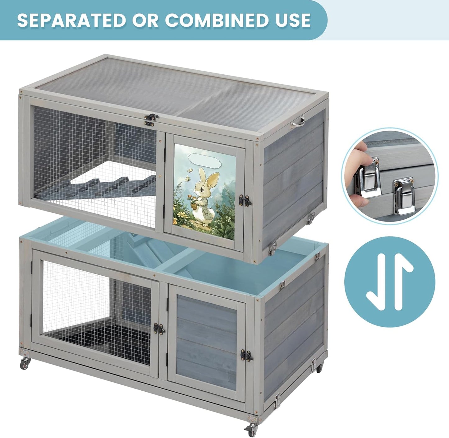 2-Story Wooden Rabbit Hutch for Outdoor & Indoor, Bunny Cage Rabbit House with Wheels, Trays, Ramp, Pet Home for Guinea Pigs, Chickens, Chicken Coop, Gray with Colorful Patterns