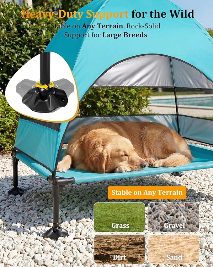 Elevated Dog Bed with Canopy - 3-Sided UV Protection Pet Tent with Wider Shade, Raised Cooling Outdoor Dog Cot with Breathable Mesh for Medium Large Dogs, Portable Pet Bed for Camping, Patio (Aqua, L)