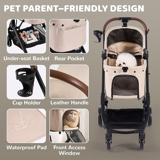Dog Stroller for Small to Medium Dogs with Detachable Carrier, Beige | 3-in-1 Pet Stroller, Dual-layer UV-Resistant Waterproof Canopy with Breathable Mesh, All-Terrain PU Wheels with Suspension