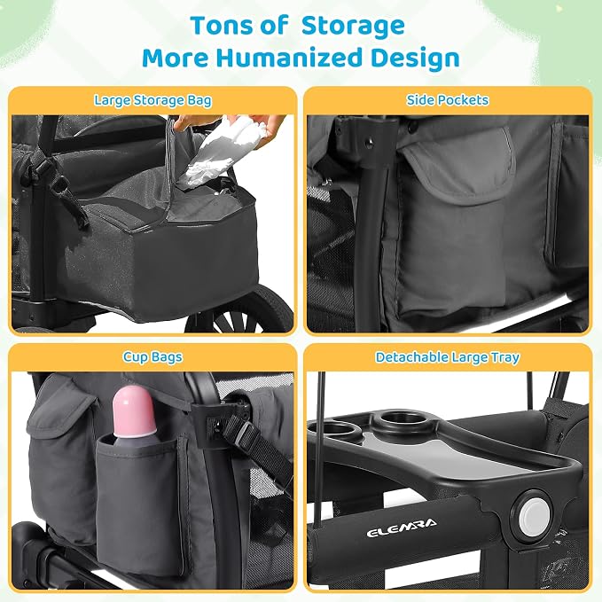 ELEMARA Foldable Wagon Stroller, Stroller Wagon for 2 Kids, Premium All Terrain Wagon for Kids with Removable Canopy, Adjustable Push/Pull Handle, Harnesses, Large Storage Bag, Gray