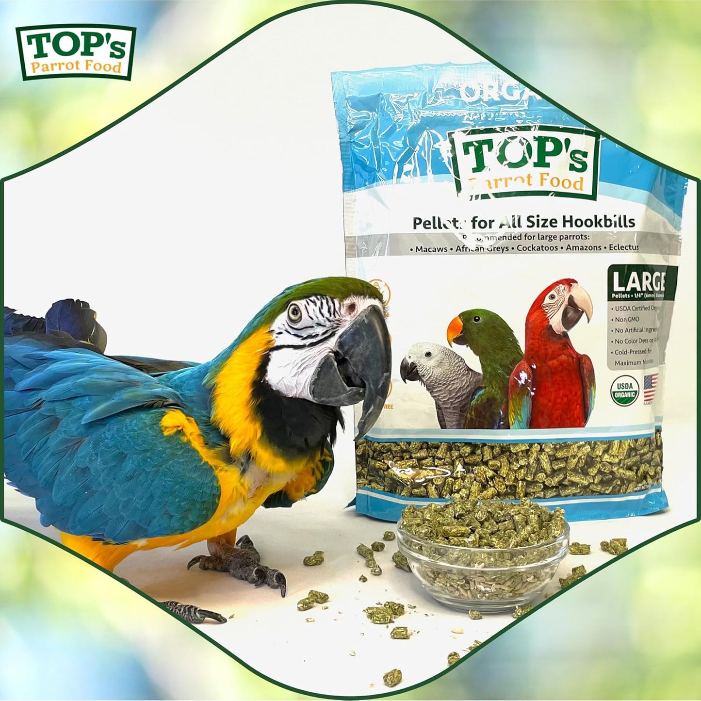 TOP's Parrot Food Pellets Hookbills, Small, Medium, Large Birds - Non-GMO, Peanut Soy & Corn Free, USDA Organic Certified - 1 lb / 453 g