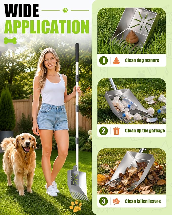 71" Stainless Steel Pooper Scooper, 3-Adjustable Angle Dog Shovel & Rake | Heavy Duty Metal Poop Scoop for Large Dogs with Adjustable Long Handle Outdoor Yard Grass Pet Waste Removal Shovel