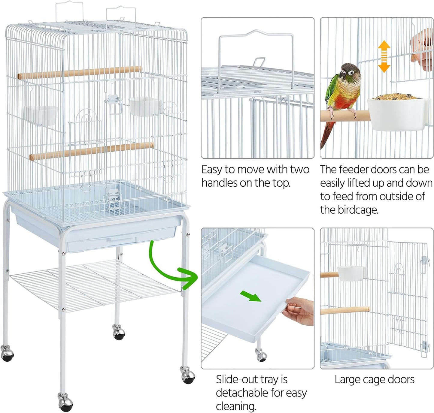 Yaheetech Play Open Top Parrot Bird Cages for Sun Parakeet Cockatiel Green Cheek Conure Lovebird w/Detachable Rolling Stand, White
