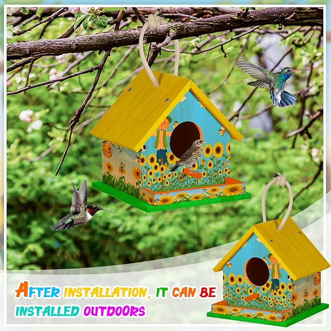 Liliful 1 Sets Wooden DIY Birdhouse Kit Unfinished Bird Houses with Paints and Paintbrushes Bird Feeder Craft Arts for Boy or Girl Classroom Activity and Christmas Kids Wooden Craft Gifts