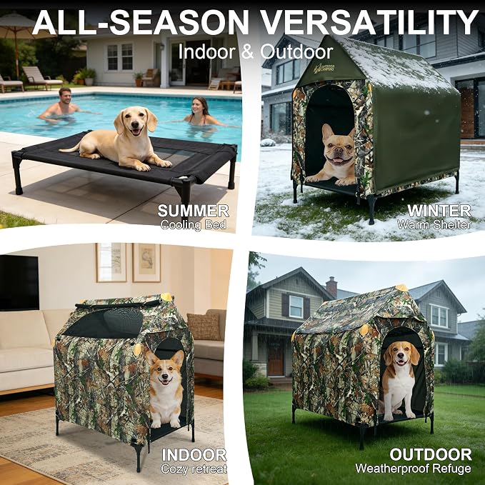 Large Dog House Outdoor - Weatherproof 2-in-1 Elevated Dog Bed Tent, Size M | 2-in-1 Elevated Dog Bed Tent, Weatherproof, Extra Large Dog House, Outdoor, Indoor
