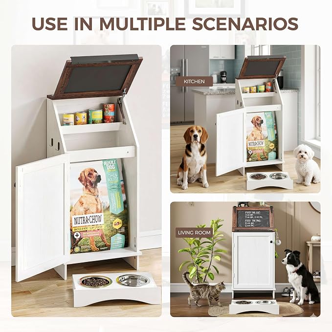 FIMELLO Dog Feeding Station with Storage, Dog Food Cabinet with 2 Hidden Feeding Bowls, Flip-Top Pet Storage Cabinet, Pet Food Holder, White Grain