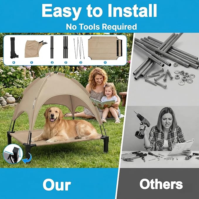 Elevated Dog Bed with Canopy Raised Pet Cot for Large Dogs, Outdoor Dog Cot with Removable Sun Shade Tent, Breathable Mesh Portable Dogs Cot for Camping, Beach, Backyard, Outdoor Use