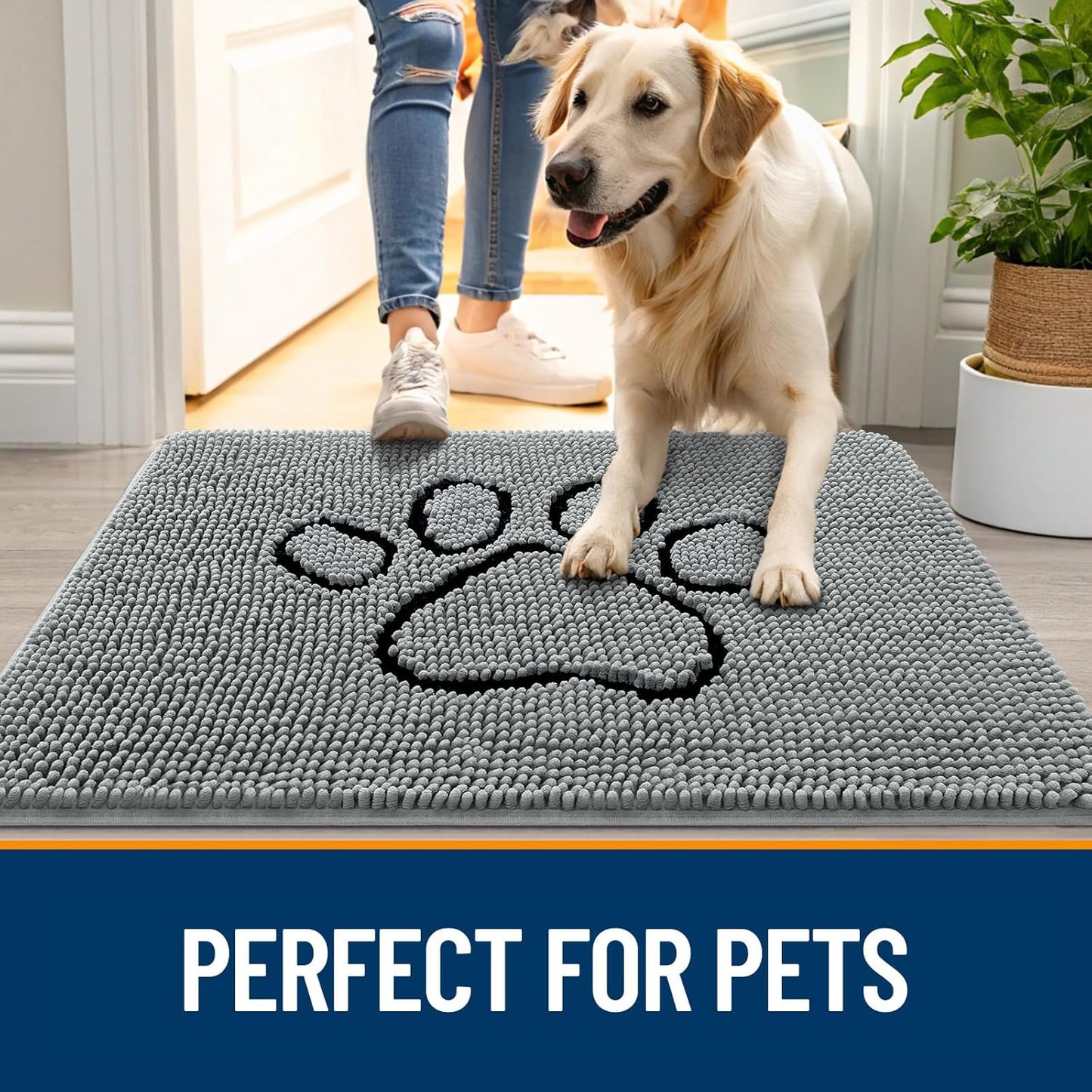 OLANLY Door Mat for Muddy Dog Paws 54x32, Ultra Absorbent Chenille Mud Doormat with Paw Print Design, Non-Slip Washable Doormat for Indoor Entryway, Quick-Dry Pet Bed Mats for Dirty Dogs, Grey