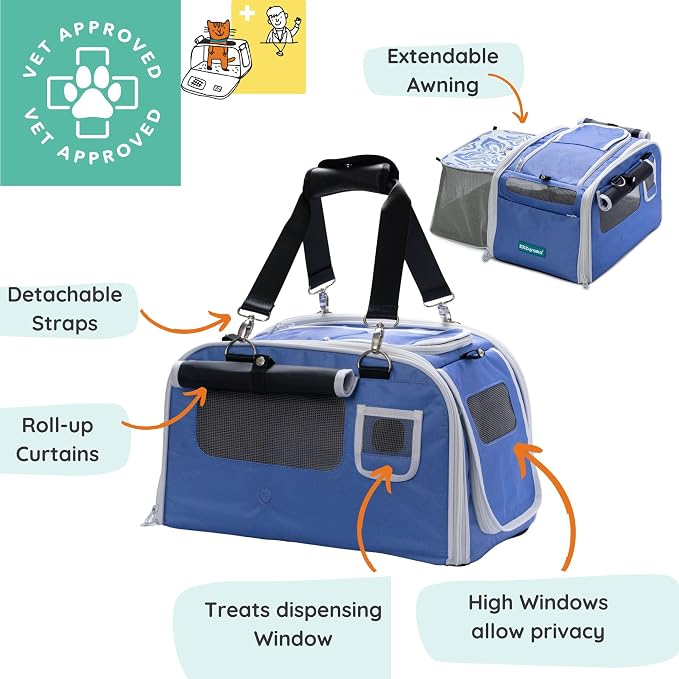 Kittyrama Soft-Sided Airline Approved Cat Carrier with Expandable Hideaway | Escape-Proof SBS Self-Locking Zippers | 22 lb Capacity | Vet Approved | Top & Side Entry | 17×11×11 in