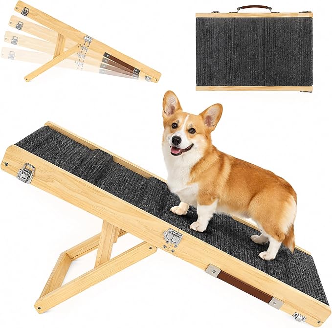 Dog Ramp for Small Dog/Bed/Couch, Foldable & Adjustable Dog Stairs | Wooden Pet Ramp, 4 Adjustable Heights from 9.25'' to 17.72", Portable Dog Step with Non-Slip Pads for Senior & Breed Dogs
