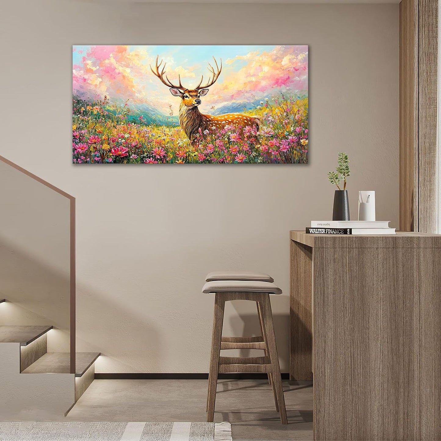 Deer Large Wall Art Wildflower Landscape Pictures Rustic Flowers Wall Decor Wild Animal Nature Canvas Print Painting Artwork for Bathroom Living Room Bedroom 30"x60"