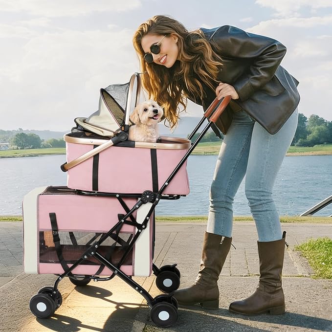 Double Pet Stroller for Dogs and Cats: Dog Stroller Foldable Travel Carriage with Detachable Carriers, Safety Belts, and 4 Lockable Wheels for Small to Medium Pets – Ideal for Multi-Pet Homes (Pink)