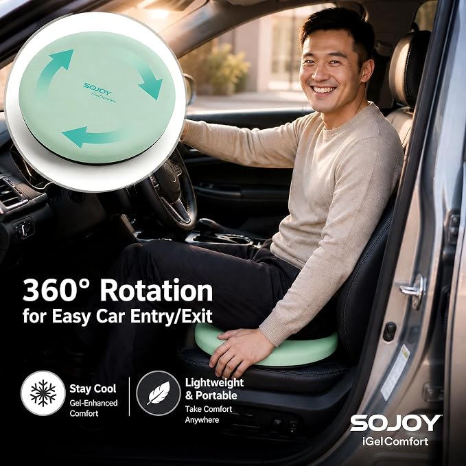 Sojoy iGelComfort Deluxe Gel Swivel Seat Cushion with Supportive Memory Foam 360 Degrees Rotating Seat Cushion for Home,Stool Chair,Office (Green, 15.5 * 15.5 * 2.5)
